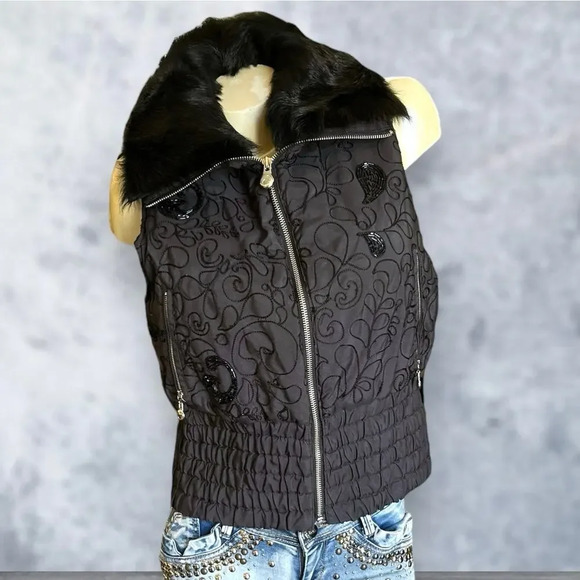 Beyoncé RARE House of Dereon Black Beaded Vest with Removable Rabbit Fur Collar - Picture 1 of 12